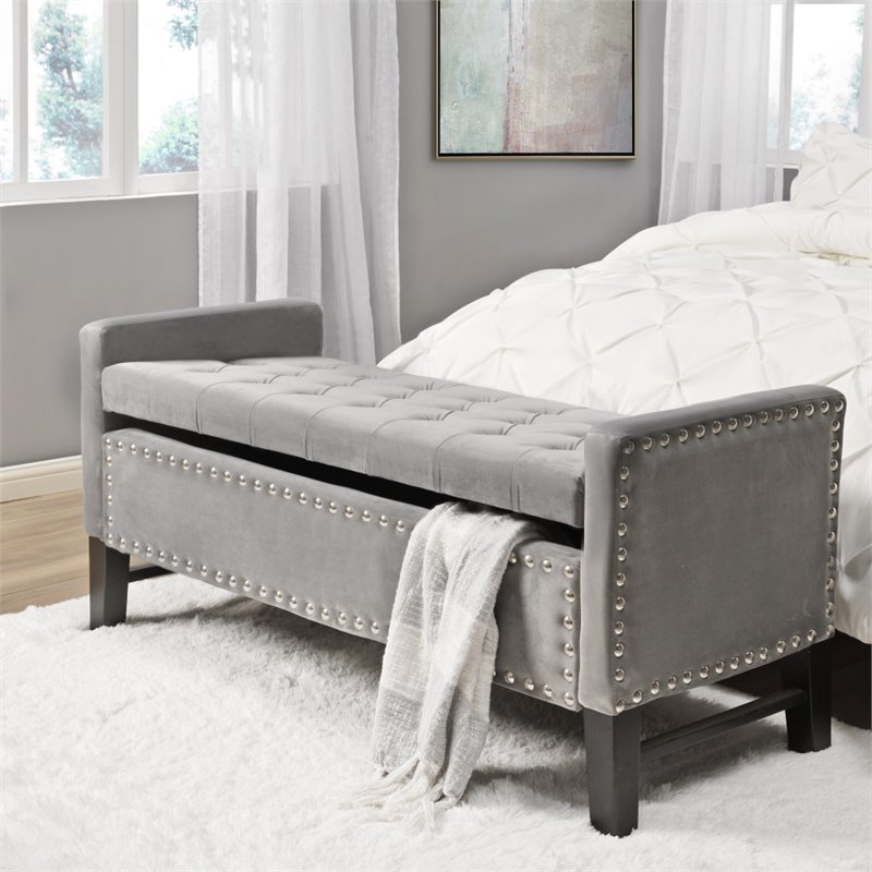 Maklaine Tufted Velvet Storage Bench with Nailhead Trim in Gray