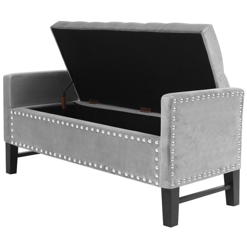 Maklaine Tufted Velvet Storage Bench with Nailhead Trim in Gray