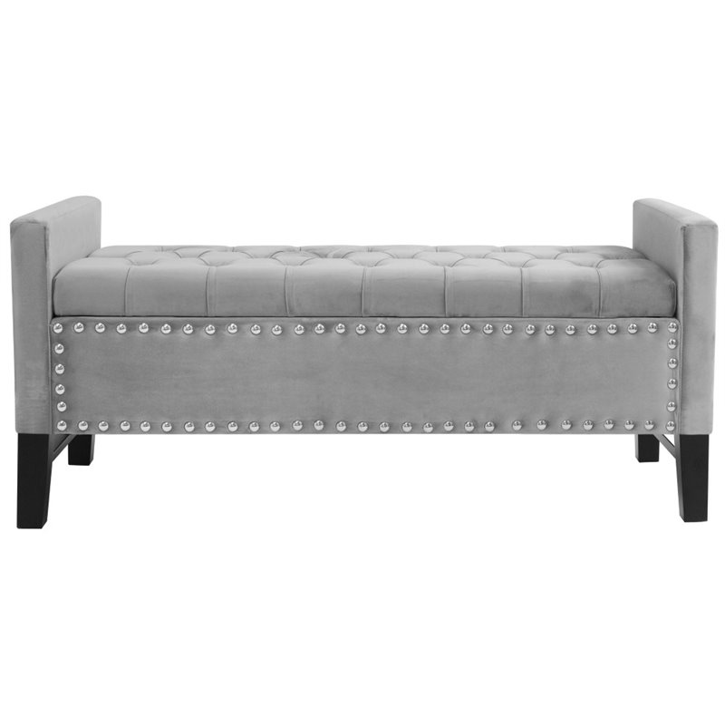 Maklaine Tufted Velvet Storage Bench with Nailhead Trim in Gray