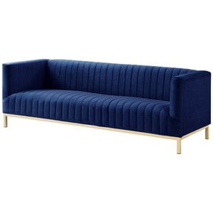 Maklaine Velvet Tuxedo Sofa with Y-Metal Base in Navy Blue/Gold