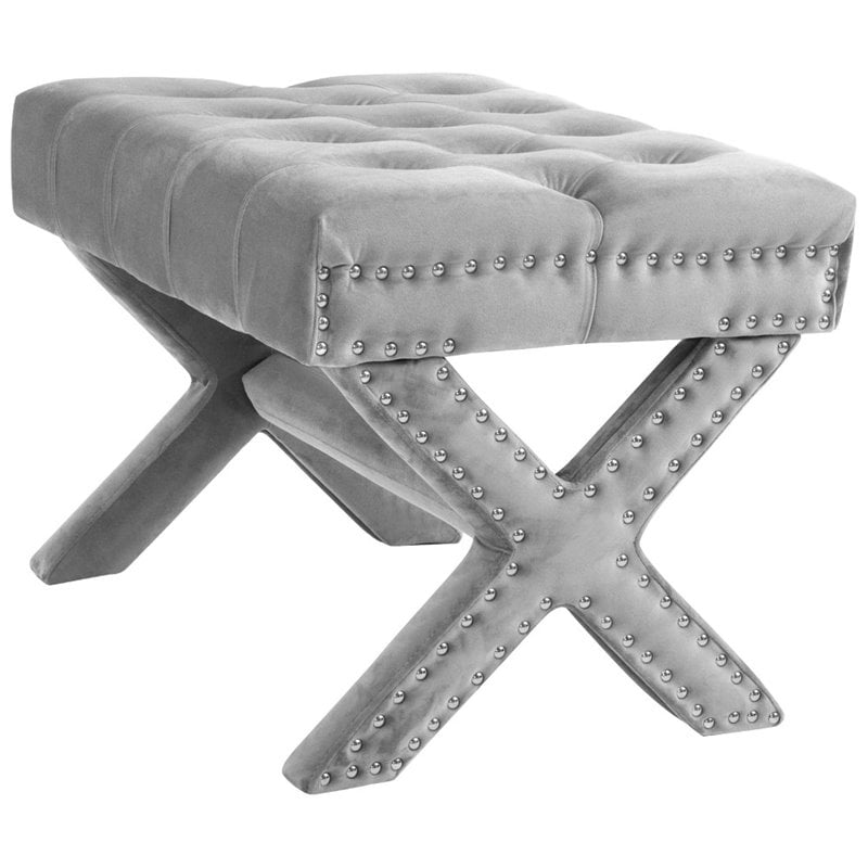 Maklaine Velvet X-Base Ottoman with Nailhead Trim in Light Gray
