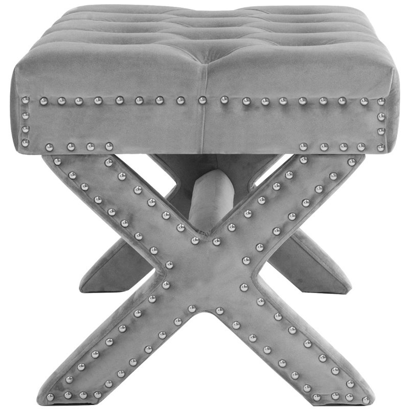 Maklaine Velvet X-Base Ottoman with Nailhead Trim in Light Gray