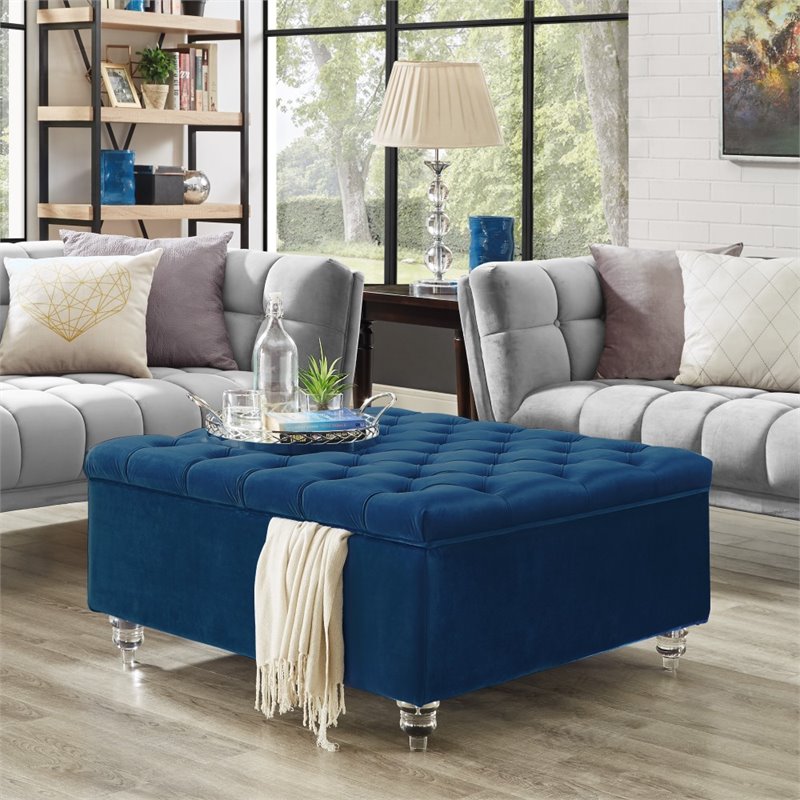 Maklaine Velvet Square Storage Ottoman with Lucite Legs in Blue