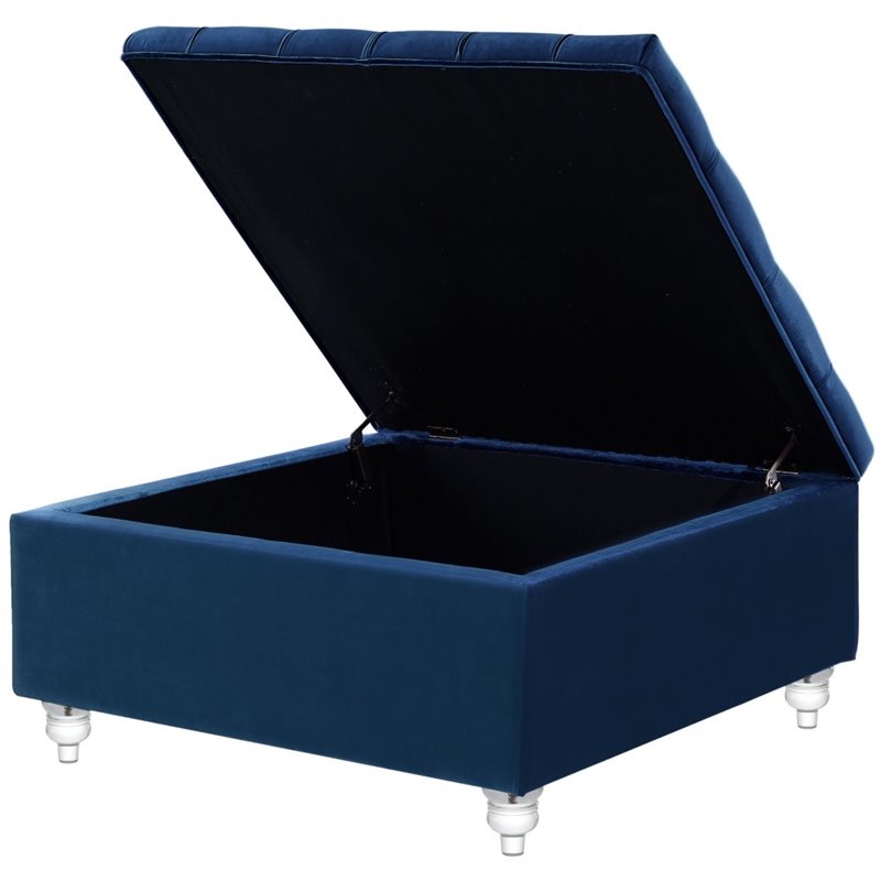 Maklaine Velvet Square Storage Ottoman with Lucite Legs in Blue