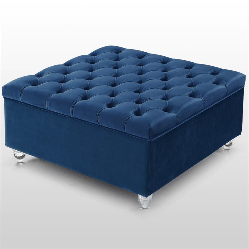 Maklaine Velvet Square Storage Ottoman with Lucite Legs in Blue