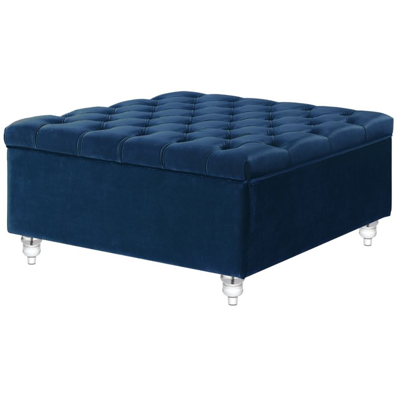 Maklaine Velvet Square Storage Ottoman with Lucite Legs in Blue