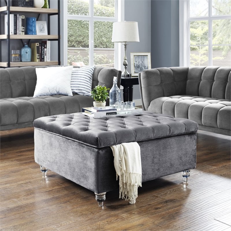 Maklaine Velvet Square Storage Ottoman with Lucite Legs in Gray