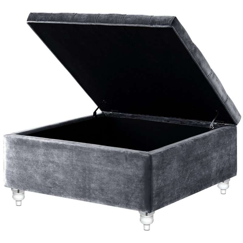 Maklaine Velvet Square Storage Ottoman with Lucite Legs in Gray