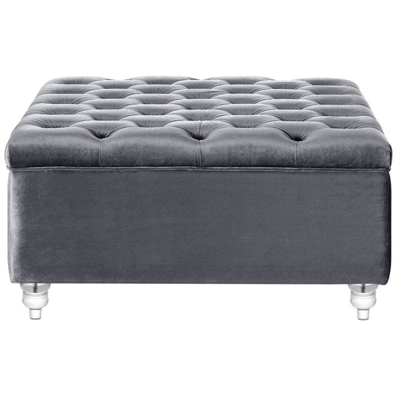 Maklaine Velvet Square Storage Ottoman with Lucite Legs in Gray