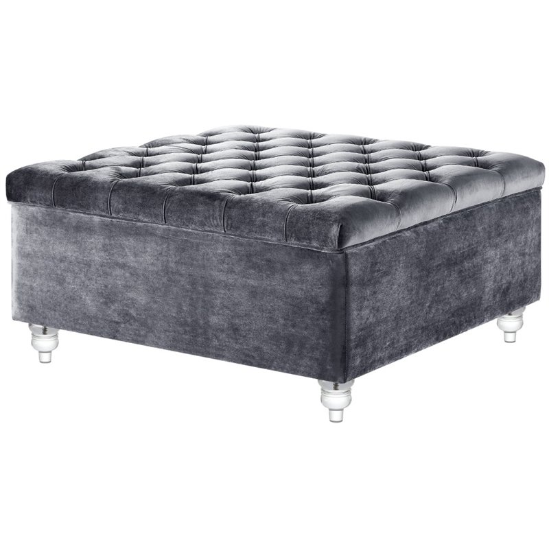 Maklaine Velvet Square Storage Ottoman with Lucite Legs in Gray