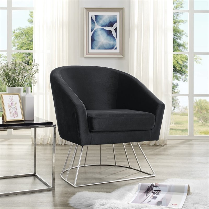 Maklaine Tufted Velvet Barrel Back Accent Chair in Black/Chrome