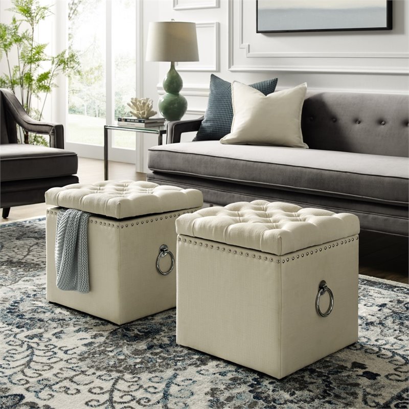Maklaine Linen Fabric 1Pc Storage Ottoman in Cream White/Chrome