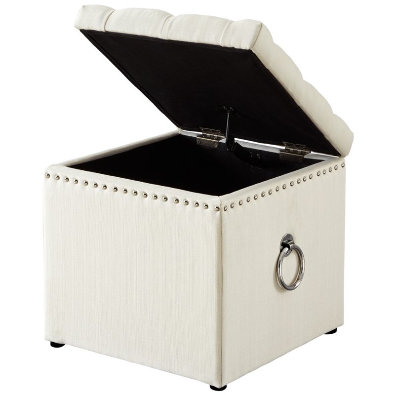 Maklaine Linen Fabric 1Pc Storage Ottoman in Cream White/Chrome
