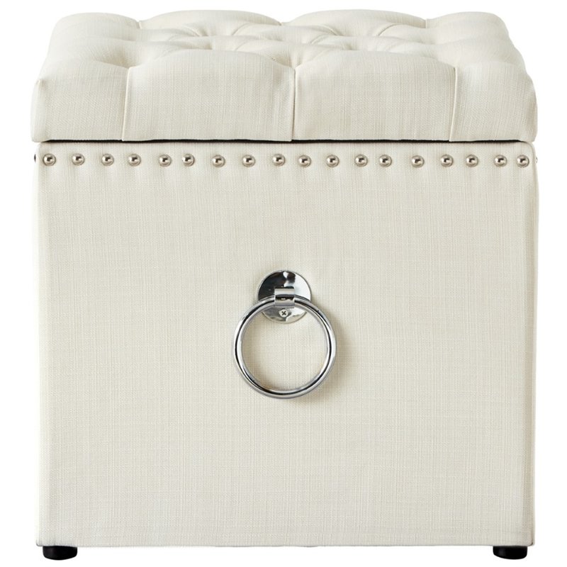 Maklaine Linen Fabric 1Pc Storage Ottoman in Cream White/Chrome
