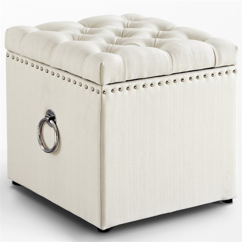 Maklaine Linen Fabric 1Pc Storage Ottoman in Cream White/Chrome
