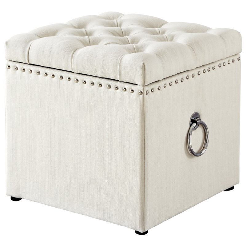 Maklaine Linen Fabric 1Pc Storage Ottoman in Cream White/Chrome