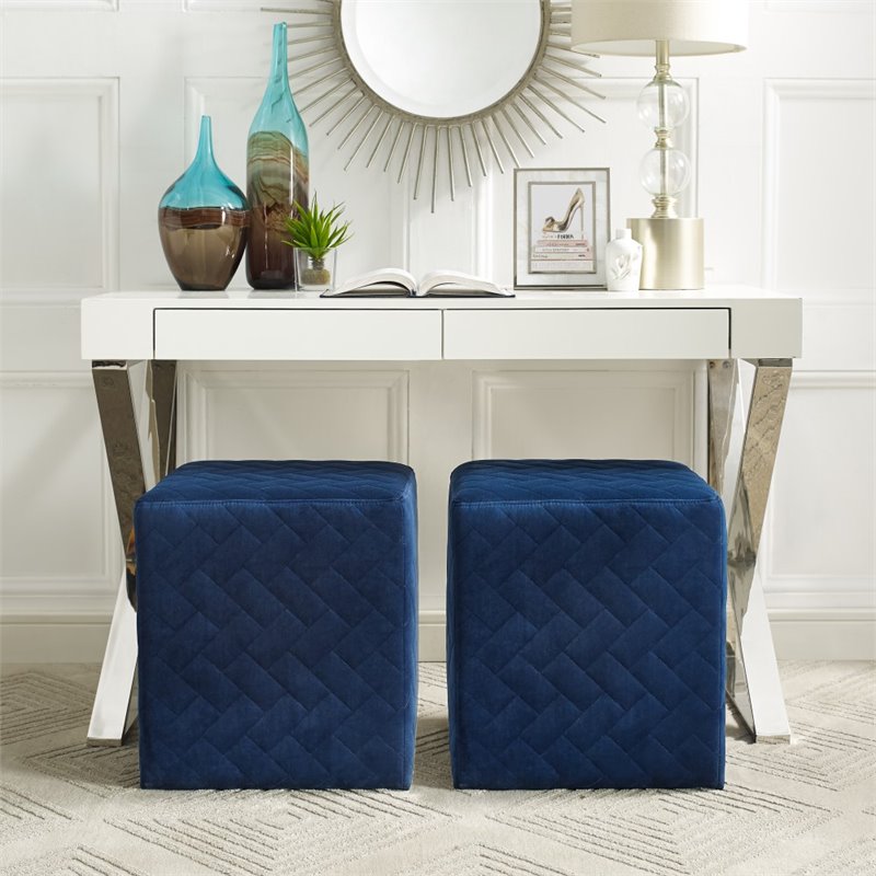 Maklaine Modern Quilted Velvet Upholstered Cube Ottoman in Navy