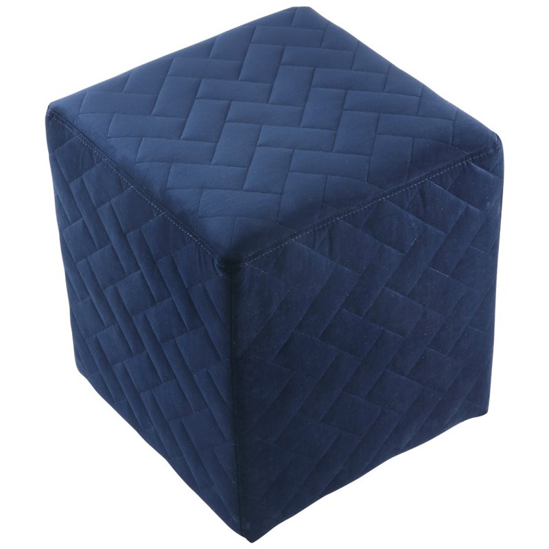 Maklaine Modern Quilted Velvet Upholstered Cube Ottoman in Navy