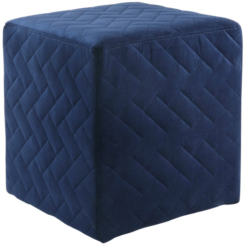 Maklaine Modern Quilted Velvet Upholstered Cube Ottoman in Navy