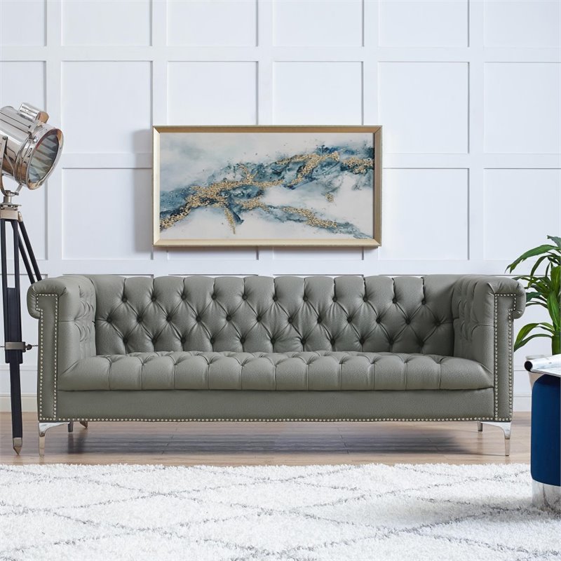 Maklaine Button Tufted Leather Chesterfield Sofa in Gray/Chrome