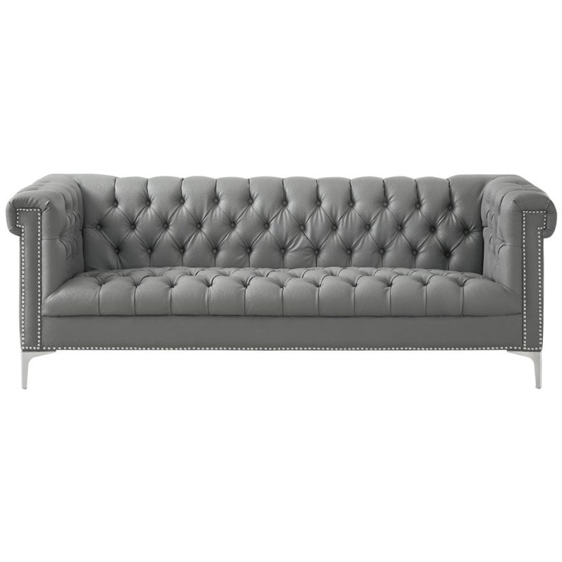 Maklaine Button Tufted Leather Chesterfield Sofa in Gray/Chrome