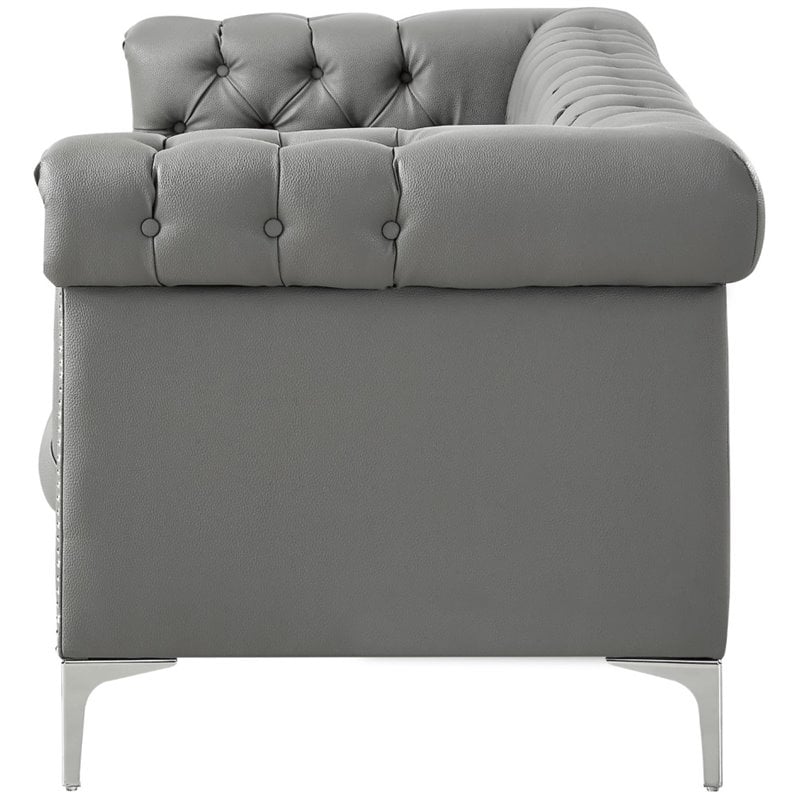 Maklaine Button Tufted Leather Chesterfield Sofa in Gray/Chrome