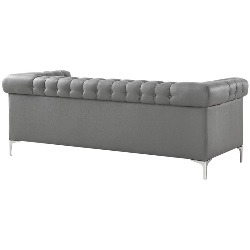 Maklaine Button Tufted Leather Chesterfield Sofa in Gray/Chrome