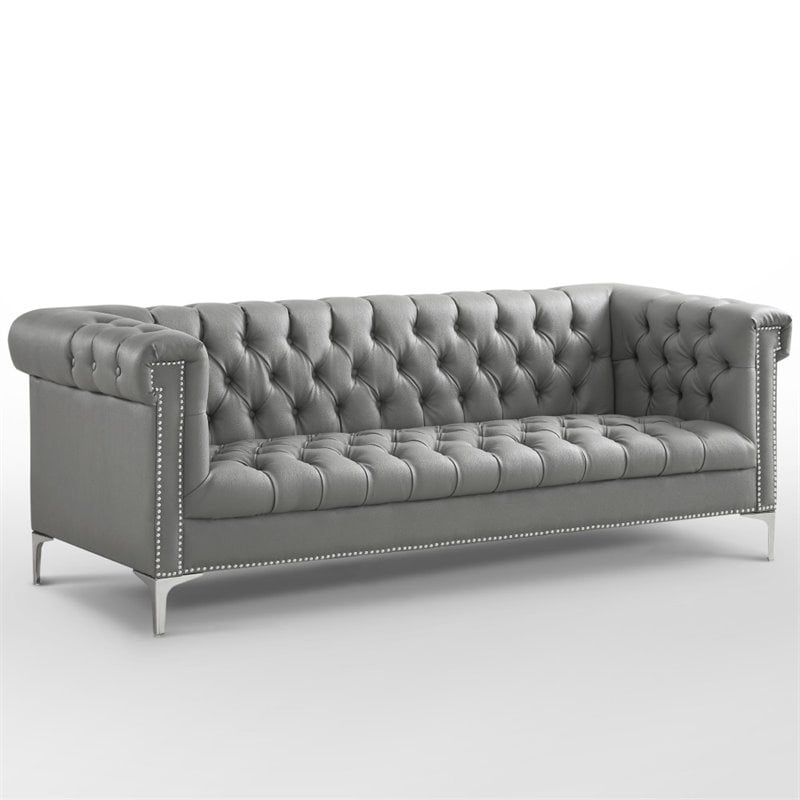 Maklaine Button Tufted Leather Chesterfield Sofa in Gray/Chrome