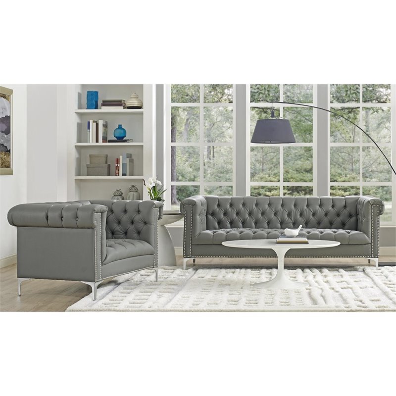 Maklaine Button Tufted Leather Chesterfield Sofa in Gray/Chrome