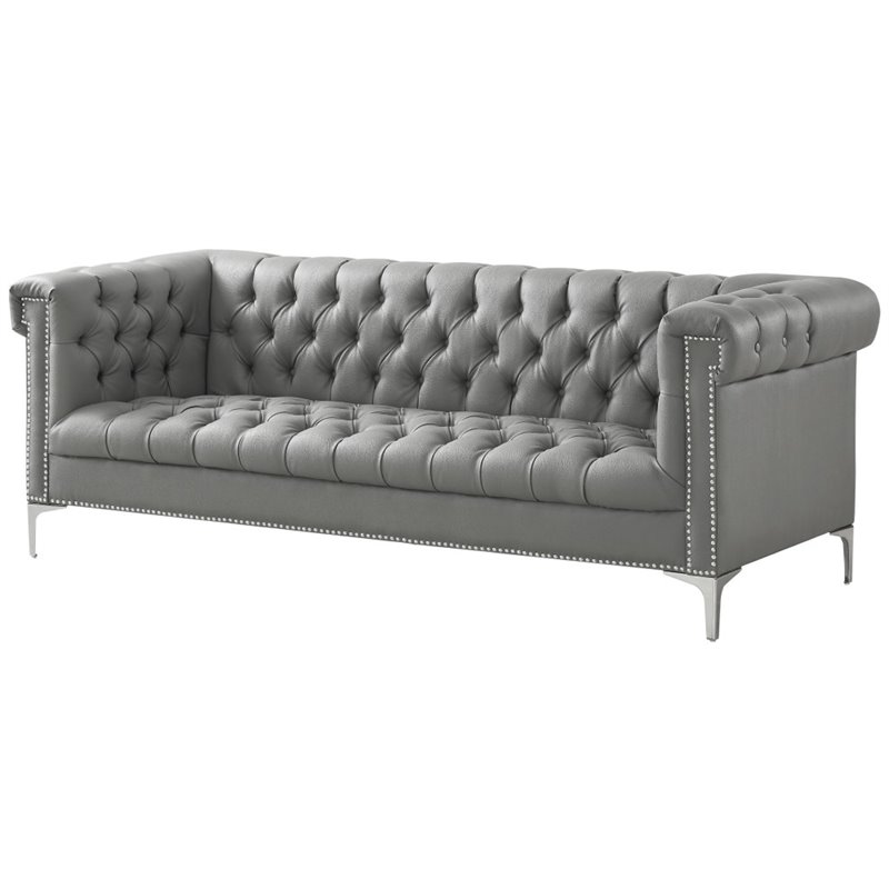 Maklaine Button Tufted Leather Chesterfield Sofa in Gray/Chrome