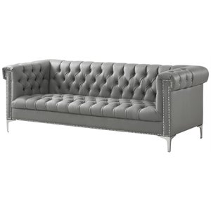 Maklaine Button Tufted Leather Chesterfield Sofa in Gray/Chrome