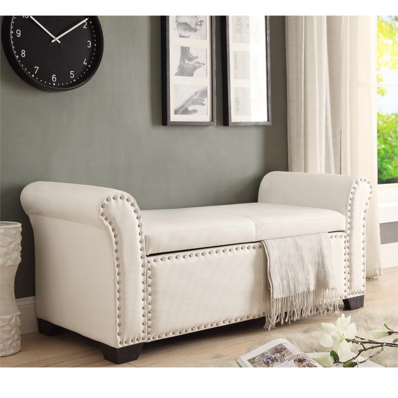 Maklaine Faux Leather Storage Bench with Nail Head Trim in Ivory