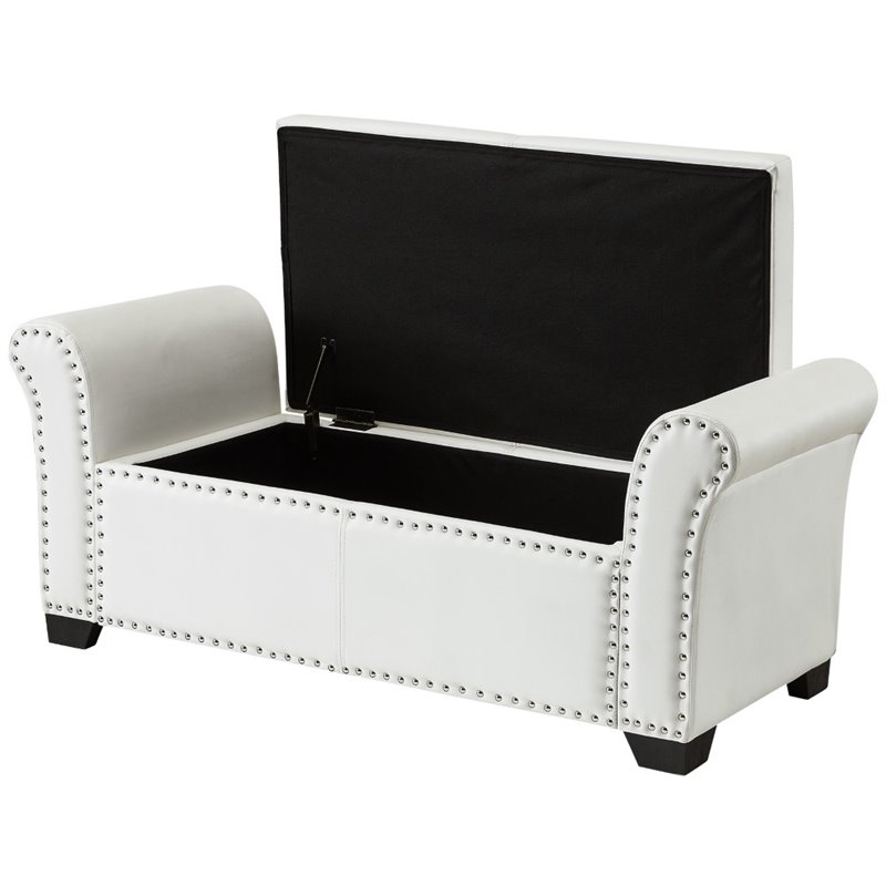 Maklaine Faux Leather Storage Bench with Nail Head Trim in Ivory