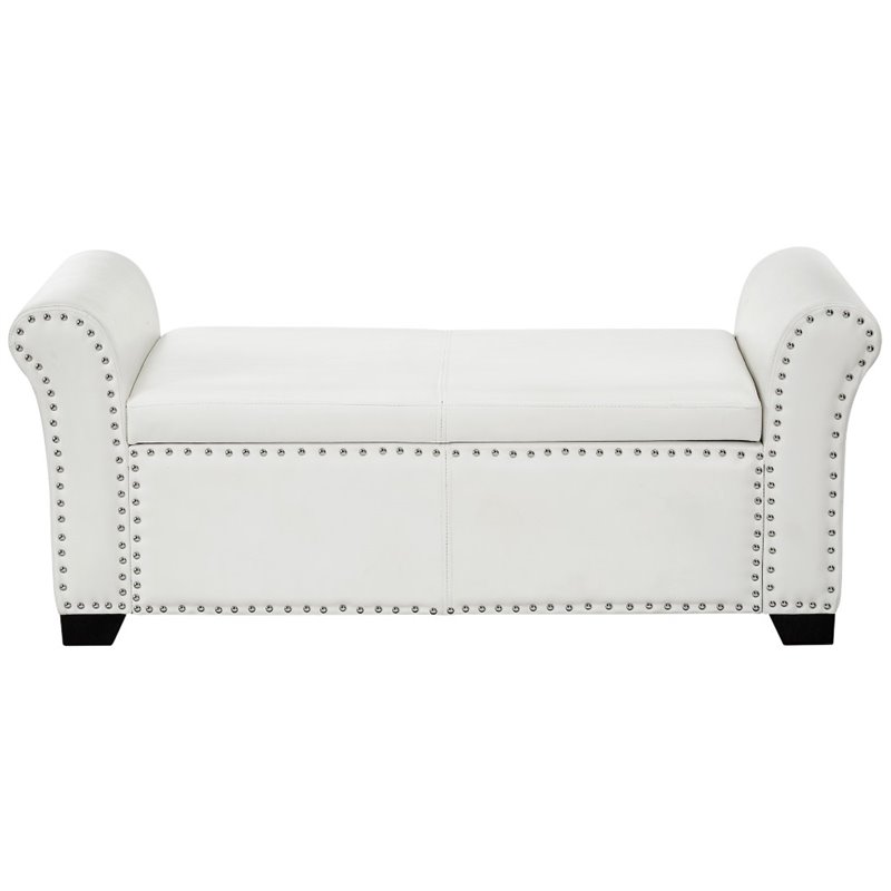 Maklaine Faux Leather Storage Bench with Nail Head Trim in Ivory