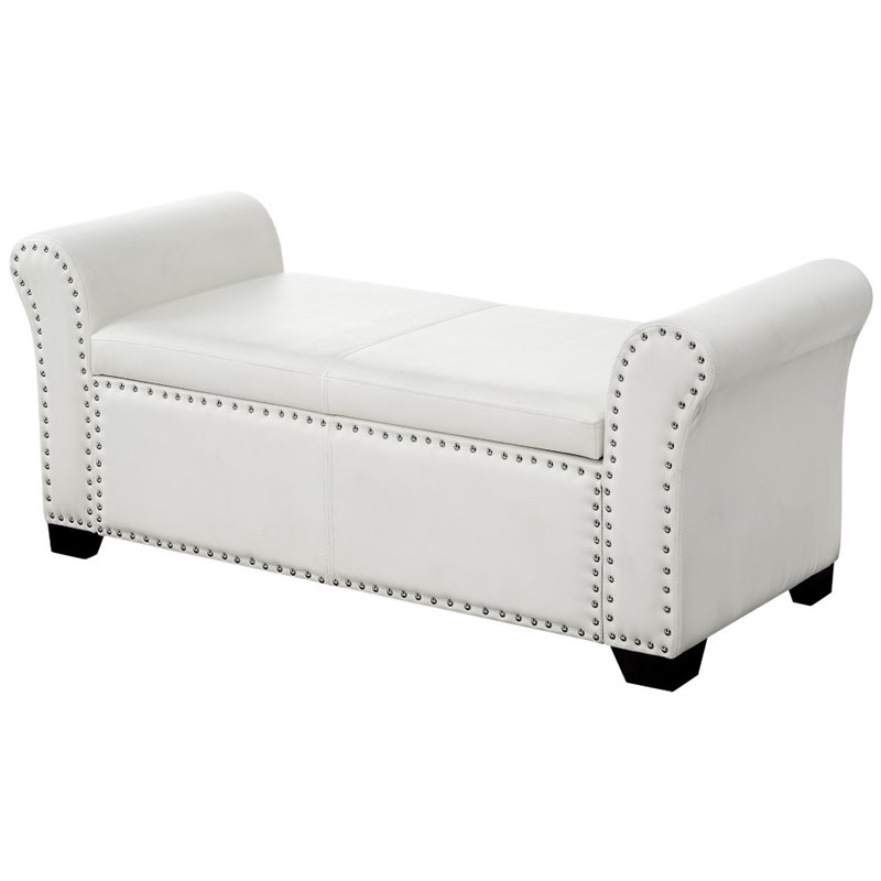 Maklaine Faux Leather Storage Bench with Nail Head Trim in Ivory