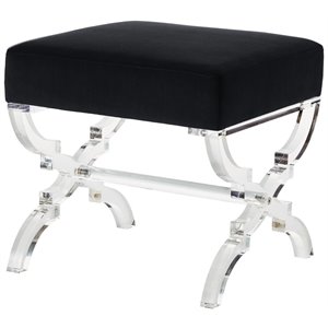 Maklaine Velvet Upholstered Ottoman with Acrylic X-Legs in Black