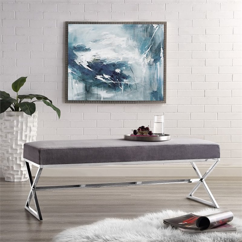 Maklaine Velvet Upholstered Bench with Stainless Steel Legs Gray