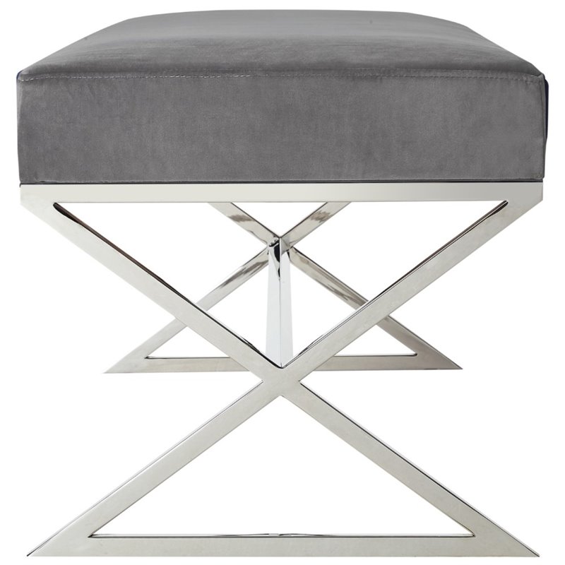 Maklaine Velvet Upholstered Bench with Stainless Steel Legs Gray
