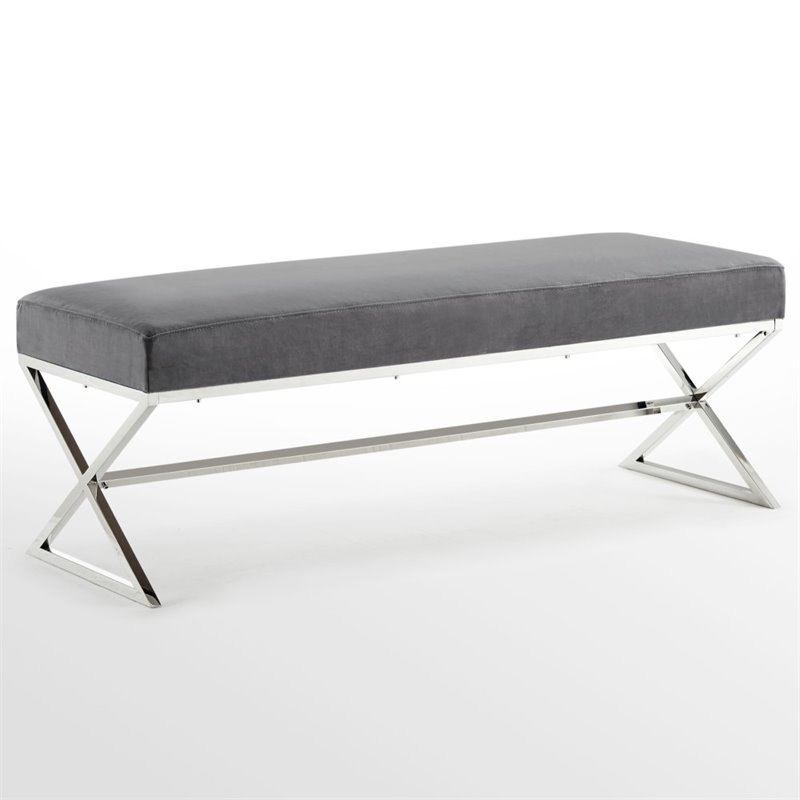 Maklaine Velvet Upholstered Bench with Stainless Steel Legs Gray