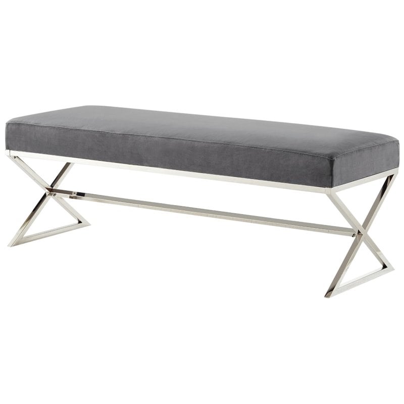 Maklaine Velvet Upholstered Bench with Stainless Steel Legs Gray