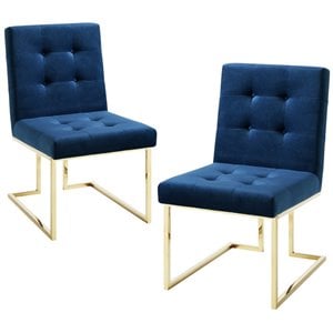 Maklaine Velvet Dining Side Chair in Navy Blue/Chrome (Set of 2)