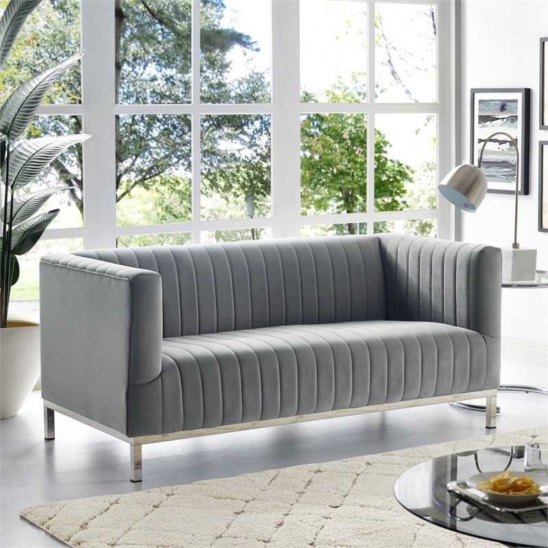Maklaine Velvet Tuxedo Loveseat with Y-Metal Base in Gray/Chrome