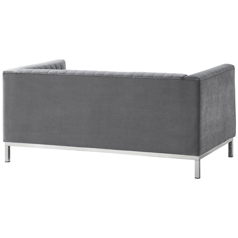 Maklaine Velvet Tuxedo Loveseat with Y-Metal Base in Gray/Chrome