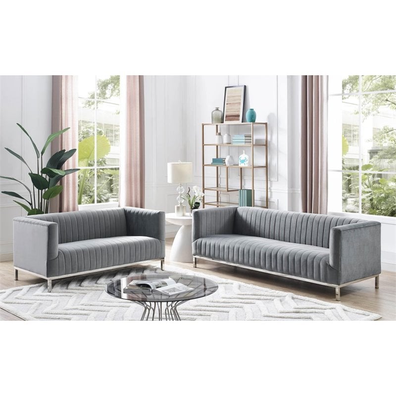 Maklaine Velvet Tuxedo Loveseat with Y-Metal Base in Gray/Chrome