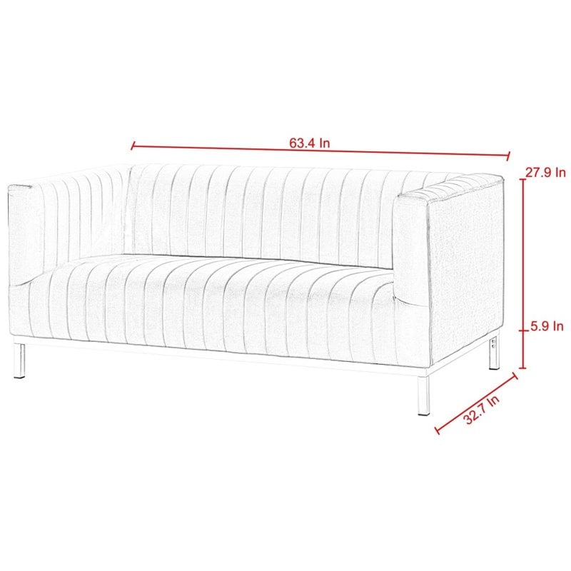 Maklaine Velvet Tuxedo Loveseat with Y-Metal Base in Gray/Chrome