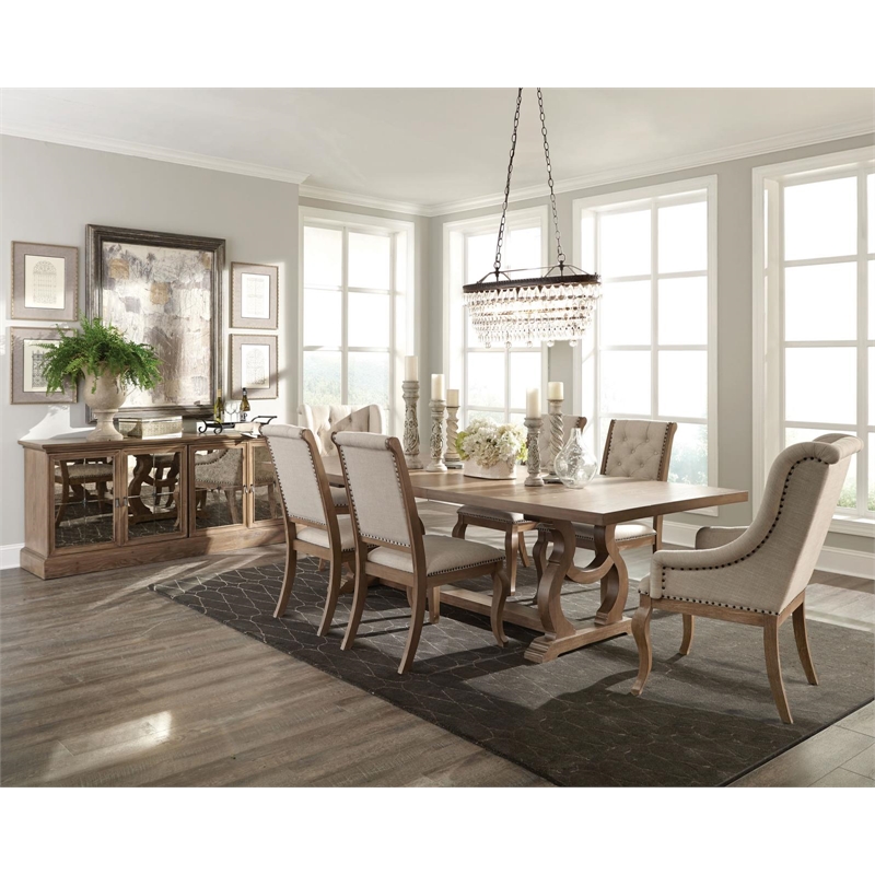 Maklaine Modern Wood Cove Trestle Dining Table in Barley Brown