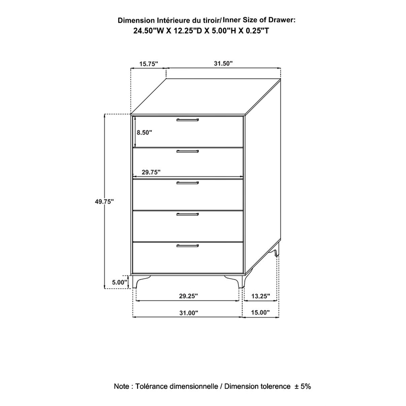 Maklaine 5-Drawer Contemporary Wood Chest in Black and Gold Finish