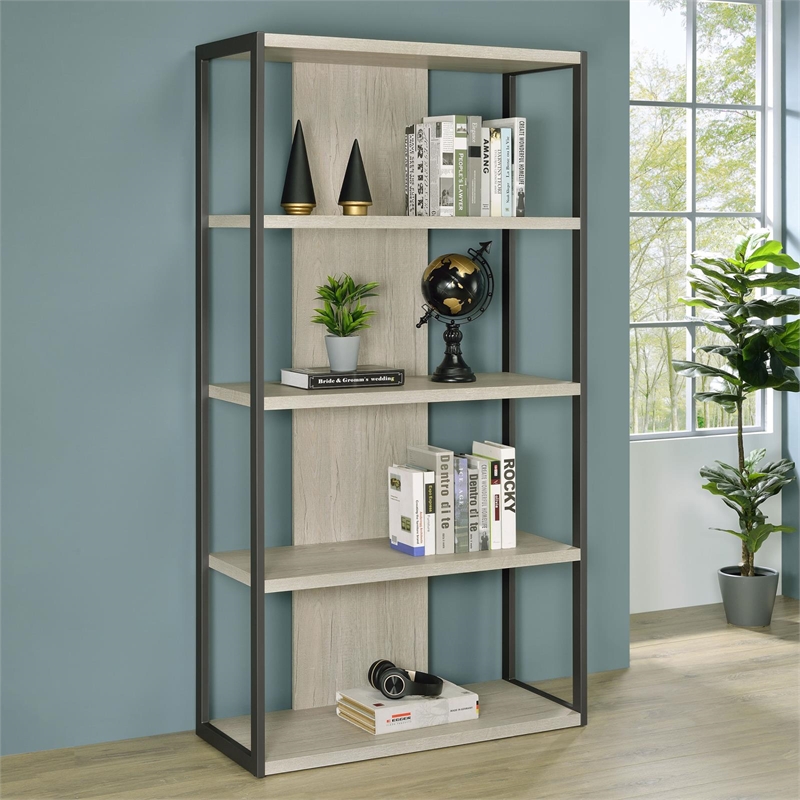 Maklaine 4-shelf Modern Wood Bookcase in Whitewashed Gray Finish