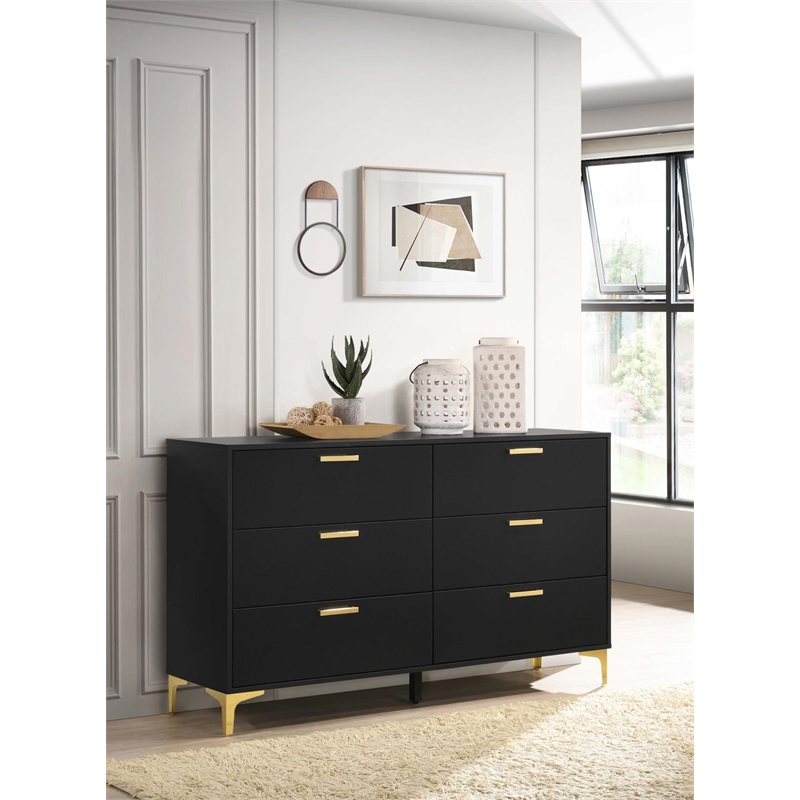 Maklaine 6-Drawer Contemporary Wood Dresser in Black and Gold