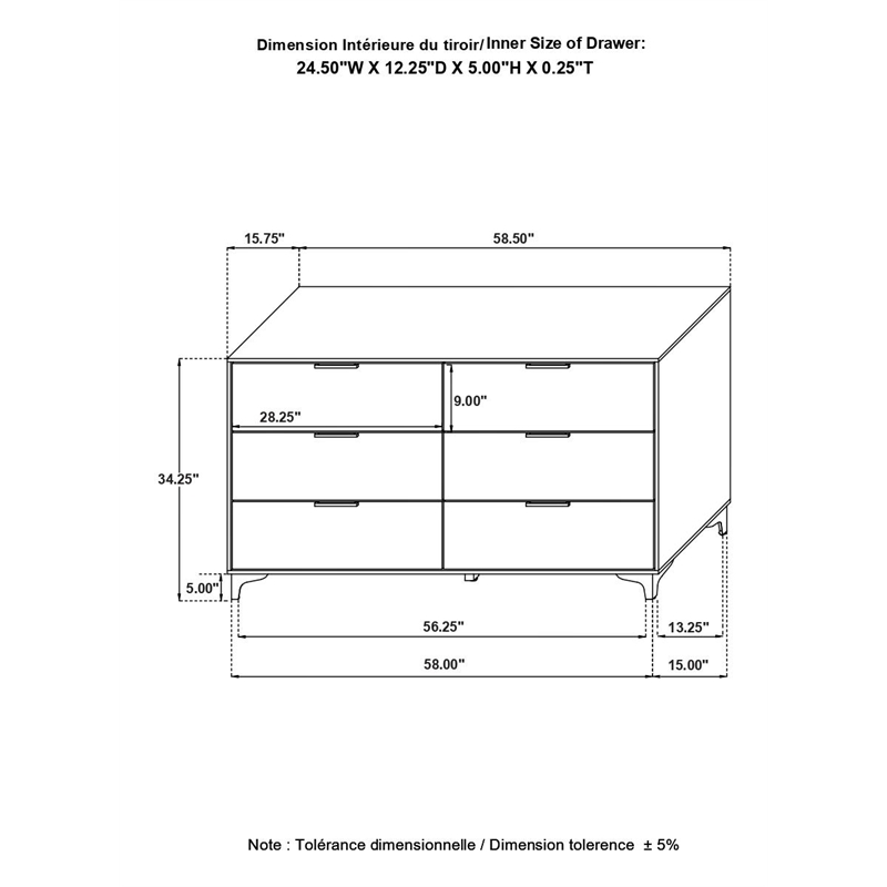 Maklaine 6-Drawer Contemporary Wood Dresser in Black and Gold